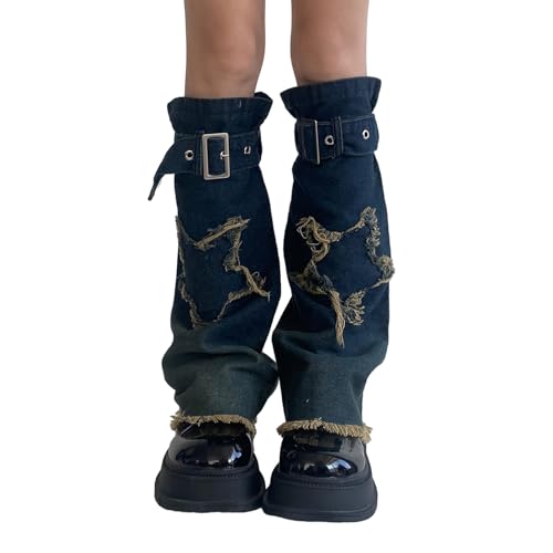 Ranuw Mädchen Punk Denims Beinwärmer Y2K Star Jean Ausgestellte Beinärmel Goth Baggy Manschetten Knöchel Haufen Socken JK Mittelrohrsocken Beinwärmer Socken