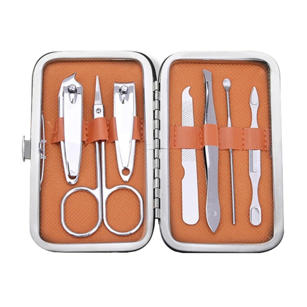 7-in-1-Maniküre-Set aus Kohlenstoffstahl, Pediküre-Set, Nagelschere, Pflegeset mit Leder-Reiseetui, Orange