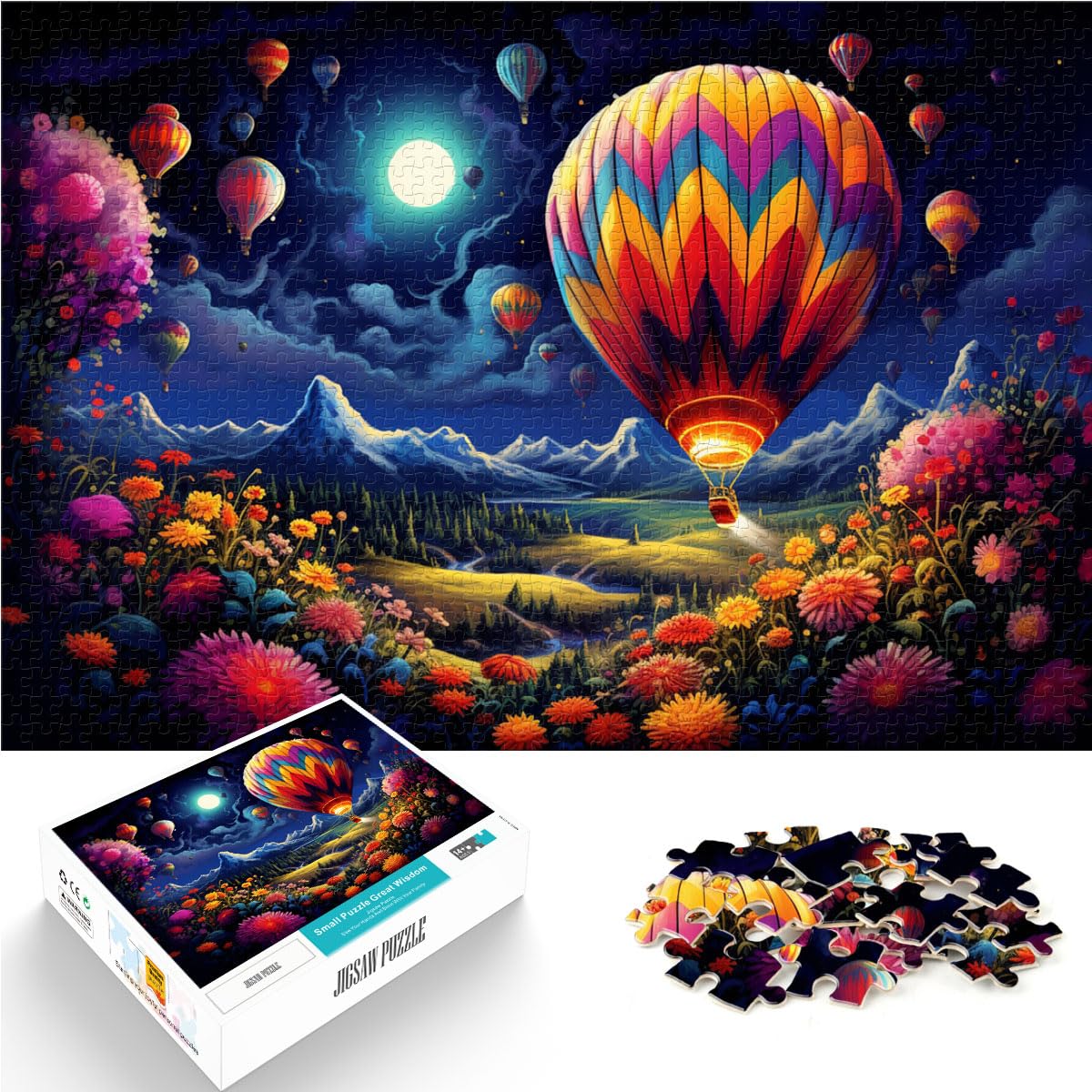 Puzzles zum Verschenken: Bunte Heißluftballons fliegen am Himmel. Puzzles 1000 Teile aus Holz. Familienspiel für und 1000 Teile (50 x 75 cm)