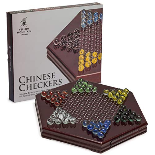 Yellow Mountain Imports Hölzernes Chinesisches Dame Halma Brettspiel-Set mit Schubladen und Bunten Glasmurmeln - 30,5 Zentimeter