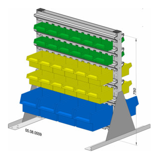 Hünersdorff Standregal zweiseitig 56 Sichtboxen PS pulverbeschichtet lichtgrau, 720x750mm