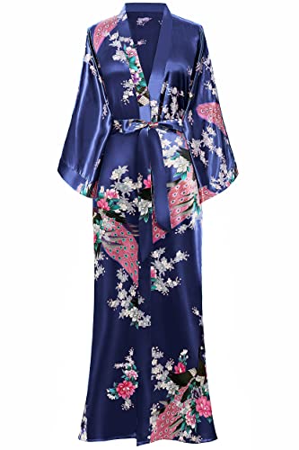 BABEYOND Damen Morgenmantel Maxi Lang Seide Satin Kimono Kleid Pfau Muster Kimono Bademantel Damen Lange Robe Schlafmantel Girl Pajama Party (Dunkelblau)