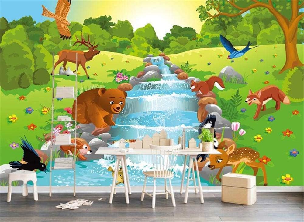 Cartoon Wald Tier Hirsch Bär Wasserfall 3D Tapete Poster Restaurant Schlafzimmer Wohnzimmer Sofa TV Dekorative Wand-200cm×140cm