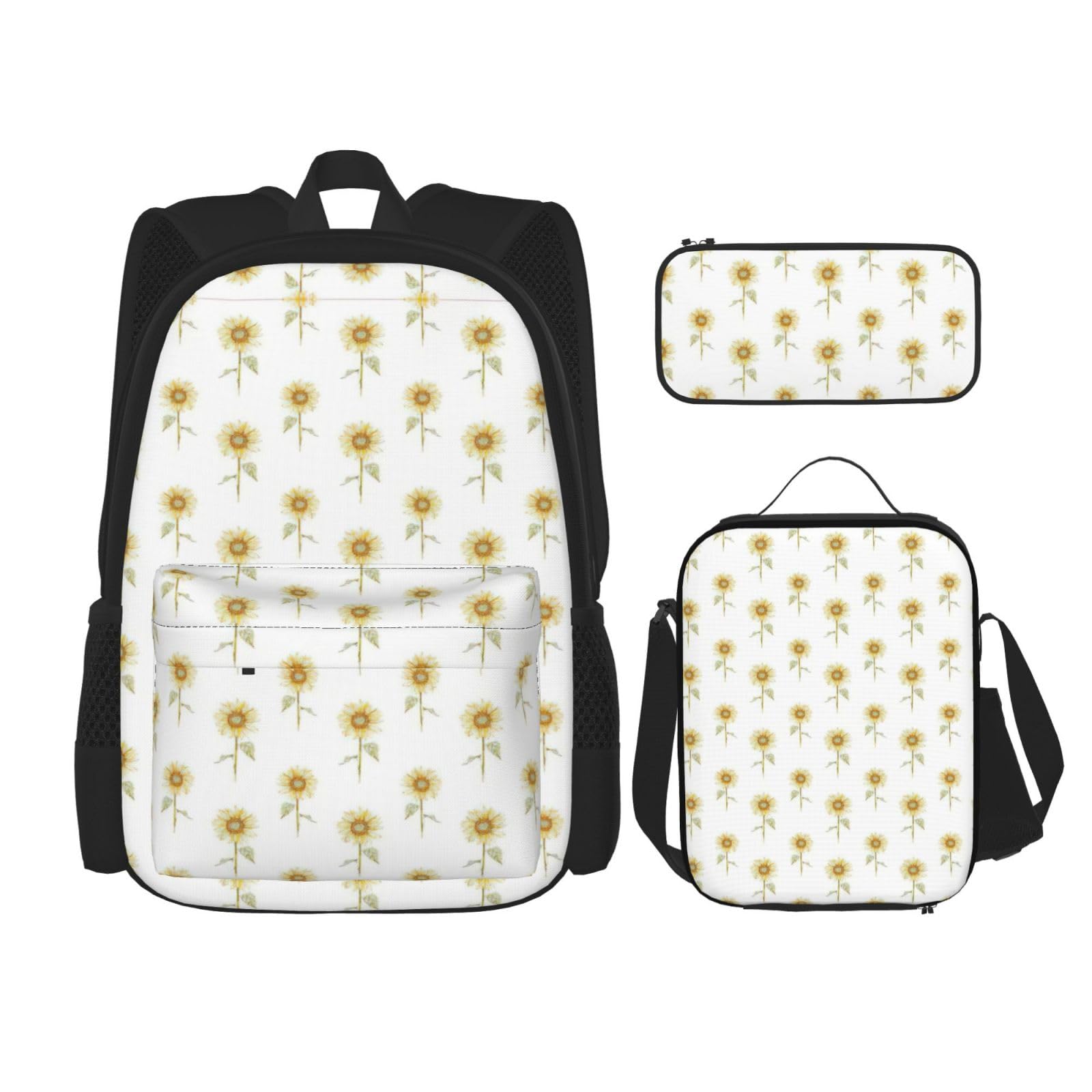 WURTON Sonnenblumen-Rucksack, handbemalt, Blumendruck, für Mädchen, Jungen, Schultaschen, Teenager, Lunchbox und Federmäppchen, 3-in-1-Büchertaschen-Set