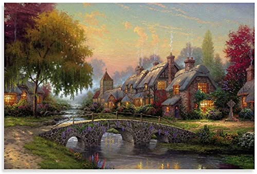 Welmini 5d Diamond Painting Diamant Bilder FüR Erwachsene Und Kinder Thomas Kinkade Cobblestone Bridge Picture Modern DIY Kreuzstich Arts Craft Kristall Strass 15.7''x19.7''(40x50cm) Kein Rahmen