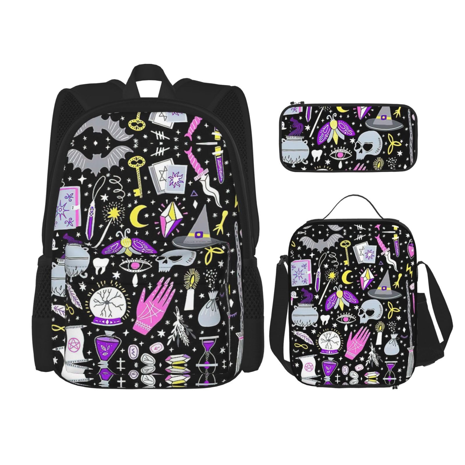 WURTON Magische Hexe Hexe Böhmische Zeichnung Druck Rucksack Mädchen Jungen Schultaschen Teenager Lunchbox Und Federmäppchen 3 In 1 Büchertaschen Set