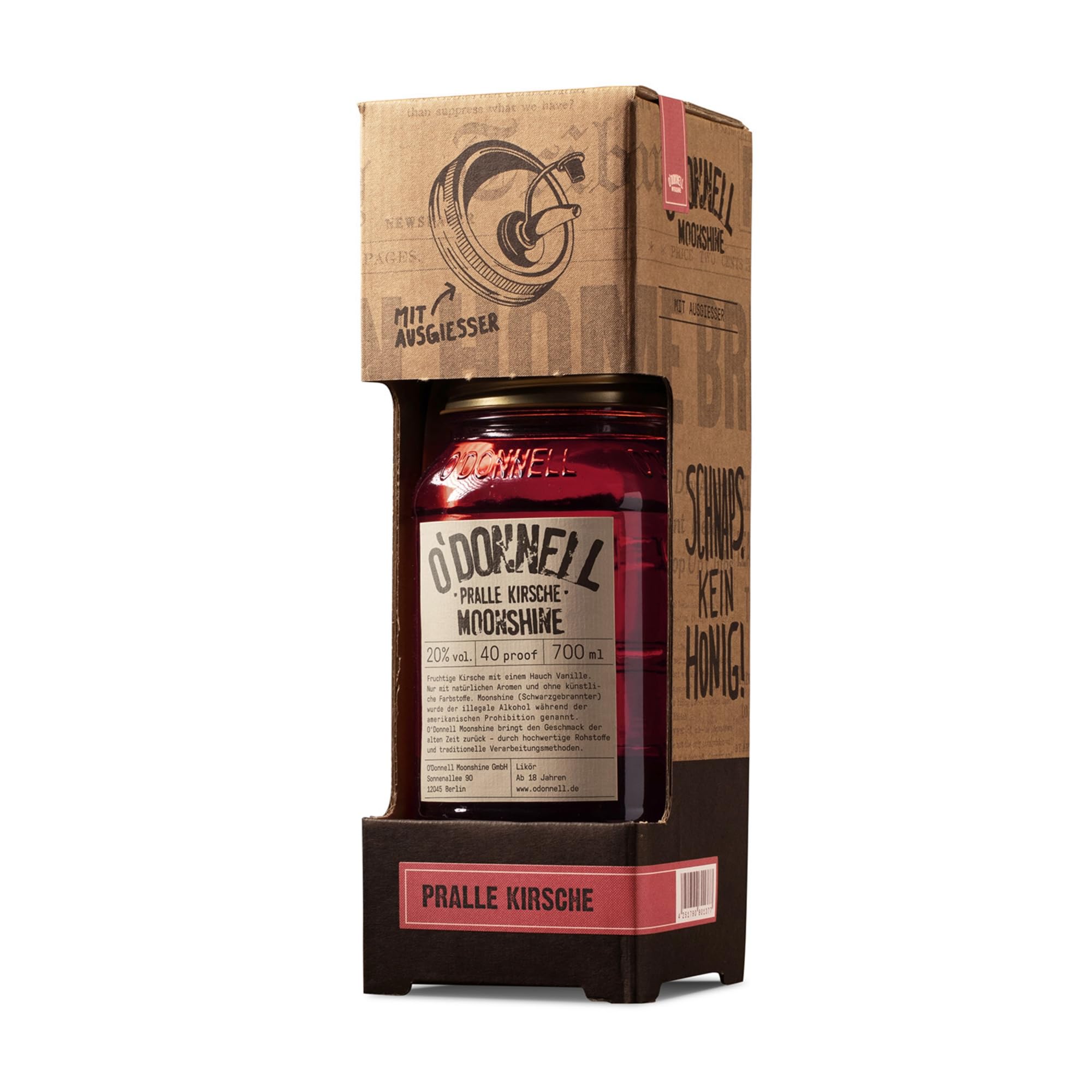 O'Donnell Moonshine Kombiset - Pralle Kirsche Likör (700ml + Ausgießer) - Handwerklich hergestellte Spirituosen aus Berlin - Premium Schnaps nach Amerikanischer Tradition - 20% Vol. Alkohol