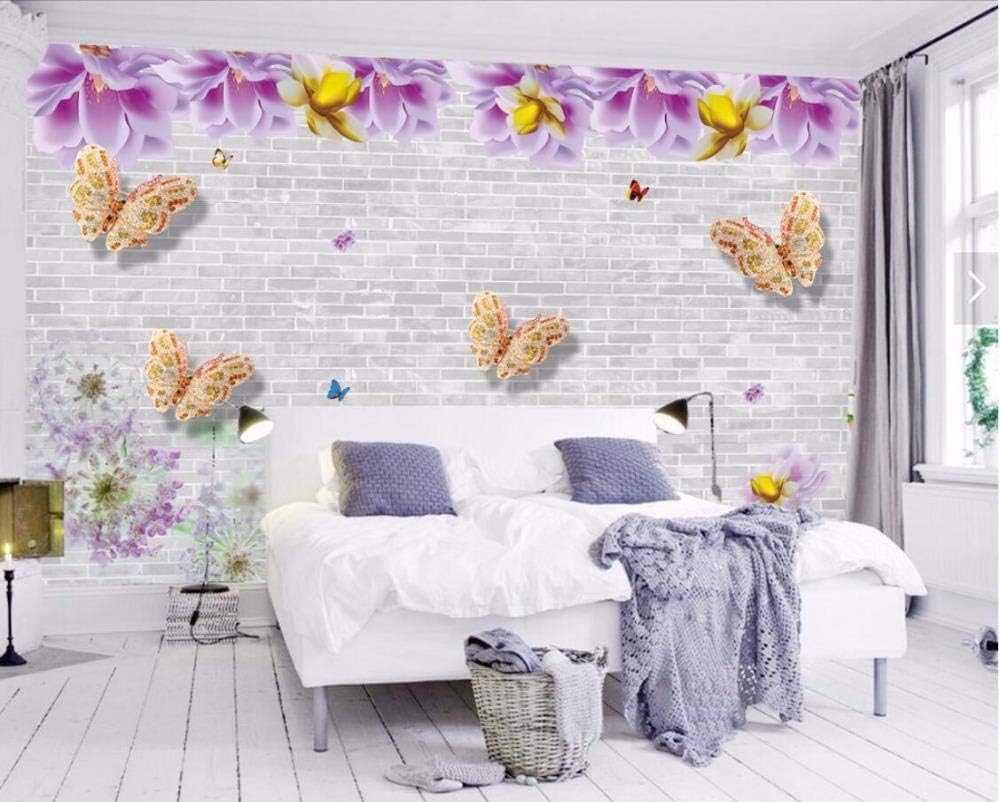 Lila Blume Rebe Schmetterling Backsteinmauer 3D Tapete Poster Restaurant Schlafzimmer Wohnzimmer Sofa TV Dekorative Wand-400cm×280cm