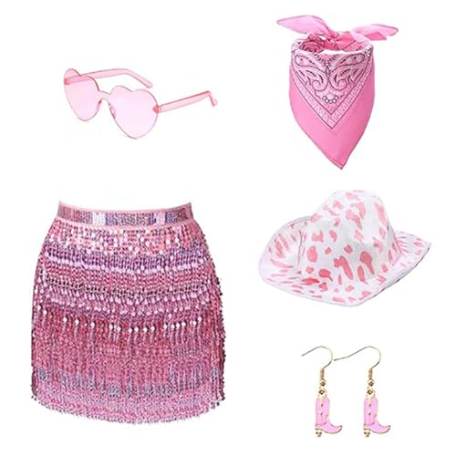 80er Jahre Damen Kostüm Set Lady Accessoires Bandana Ohrring Sonnenbrille Western Cowgirl Hut Erwachsene Halloween Fasching Kostüm