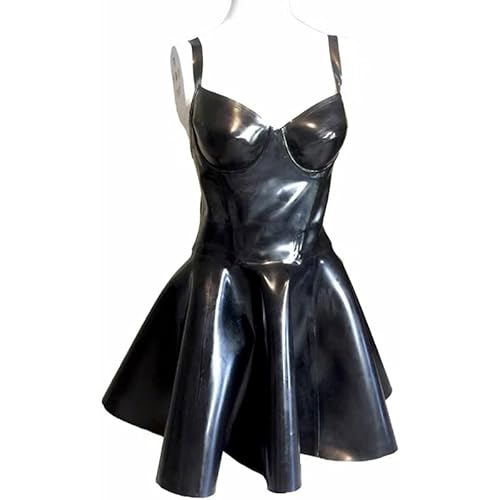 MAUXpIAO Figurbetontes Latexkleid für Frauen, exotische Tanzbekleidung, heißes Minikleid, Clubwear, sexy Fetisch, Gummi, plissierte Hosenträger, offener Rückenrock spitze/A/S