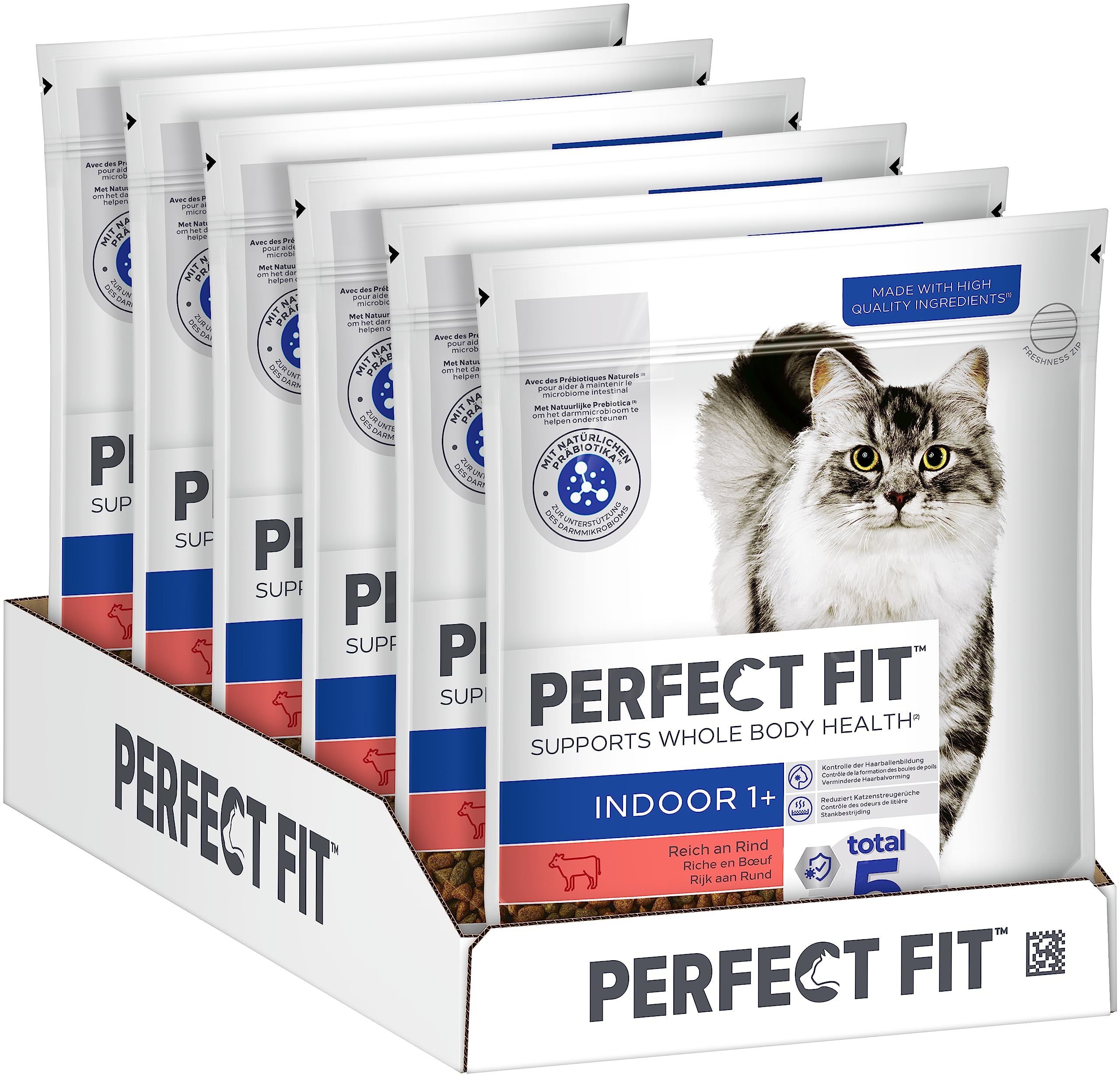 PERFECT FIT Indoor Adult Trockenfutter für erwachsene Katzen ab 1 Jahr - Rind, 750g (6 Beutel)