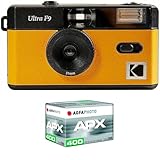 KODAK Pack F9 Silber + 400 ASA Filmstreifen – Kamera, wiederaufladbar, 35 mm, Gelb, festes Weitwinkelobjektiv, optischer Sucher, integrierter Blitz + Film APX 00, 36 Aufnahmen