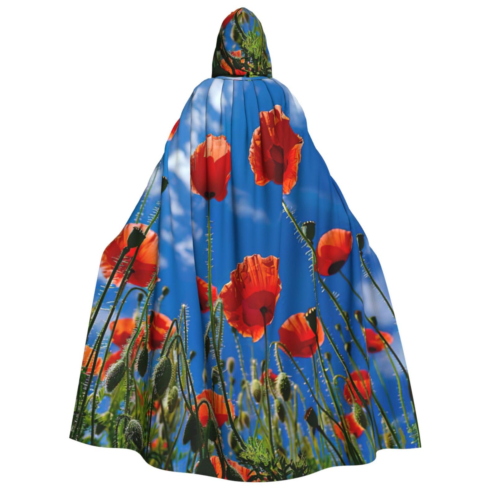 WURTON Mohnblumen auf blauem Himmel, Unisex, Kapuzenumhang für Halloween, Karneval, Vampir, Cosplay, Umhang mit Kapuze