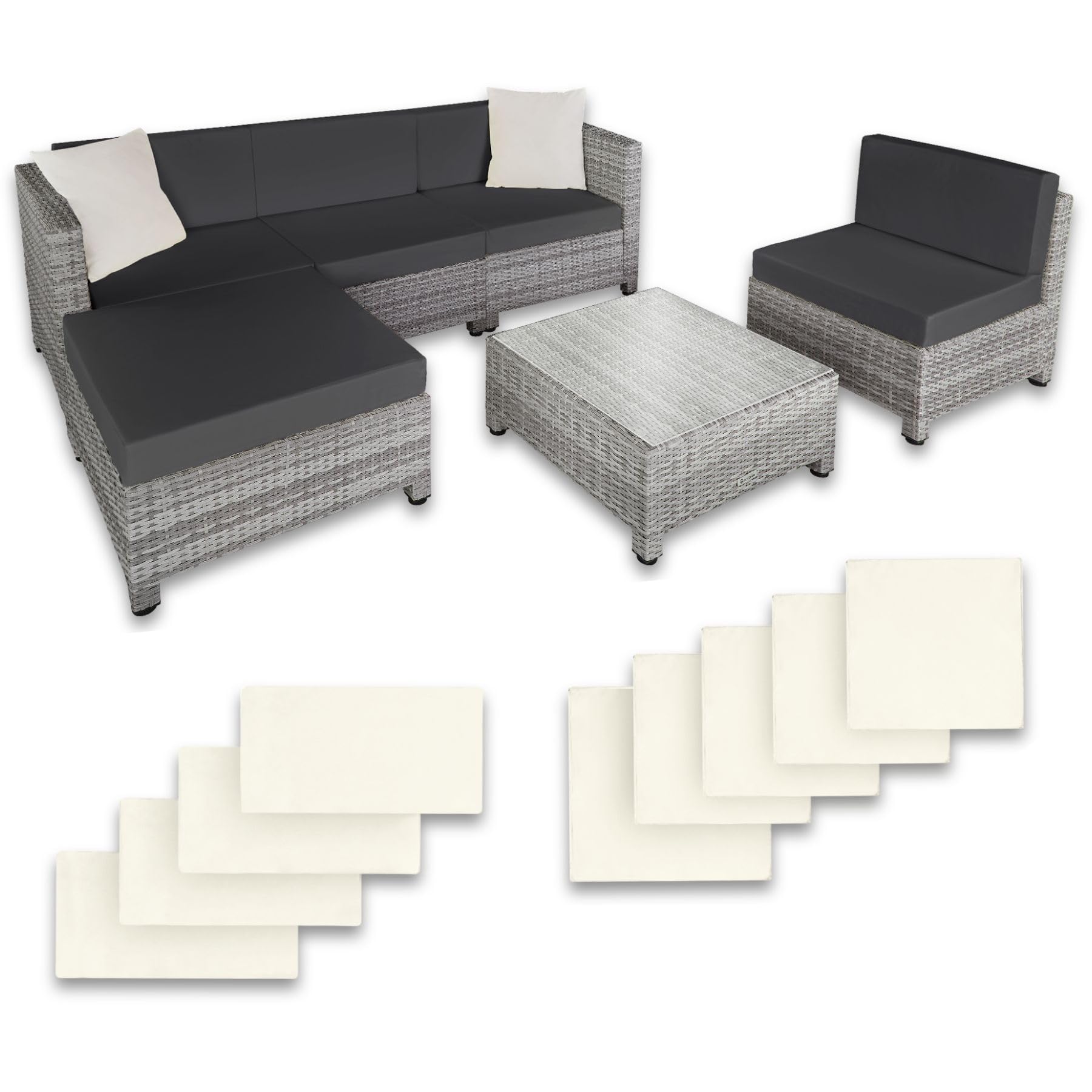 tectake Gartenmöbel Set, Lounge aus Poly Rattan und Aluminium, Balkon Möbel Set mit 10 cm Polsterung und Kissen, ideal für Garten und Balkon, inkl. 2 Sessel, 2 Ecksessel, 1 Tisch, 1 Hocker - hellgrau