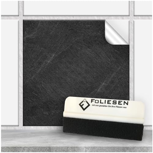 FoLIESEN Fliesenaufkleber 15x15 cm - Fliesen-Folie Bad - Klebefolie Küche - 50 Klebefliesen + Rakel, Black Slate - 15x15 cm