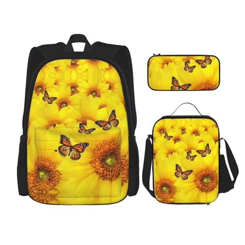 WURTON Rucksack-Set mit gelben Blumen und Schmetterlingen, Schultasche mit Lunchtasche, Federmäppchen, Kombination, Schultaschen-Set