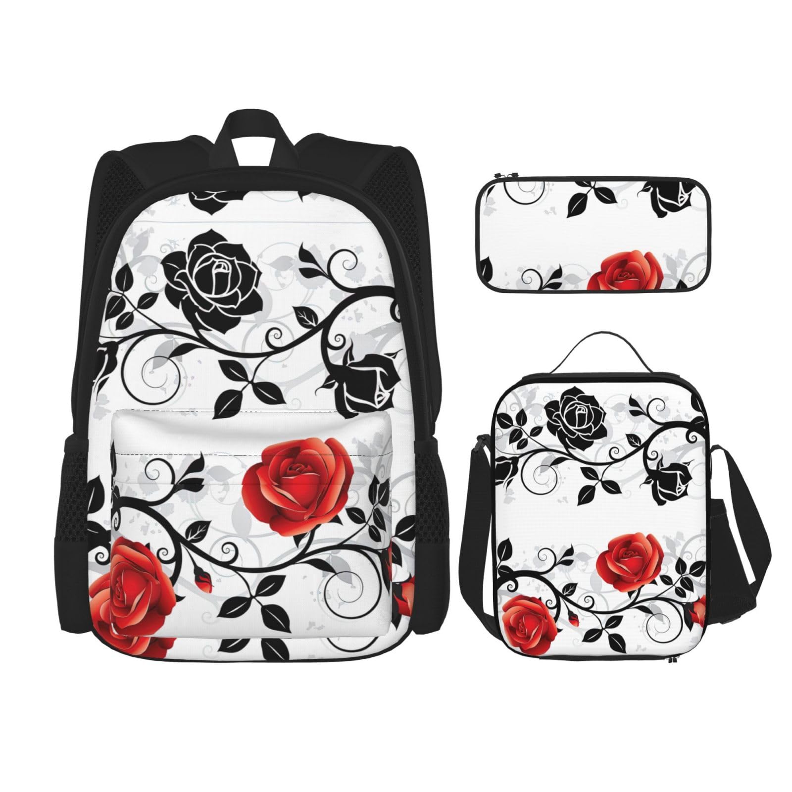 WURTON 3-in-1 Büchertaschen-Set, Blumenrosen mit Blättern, verstellbarer Schulter-Rucksack, Lunchtasche, Federmäppchen, Tasche, Schwarz, Einheitsgröße