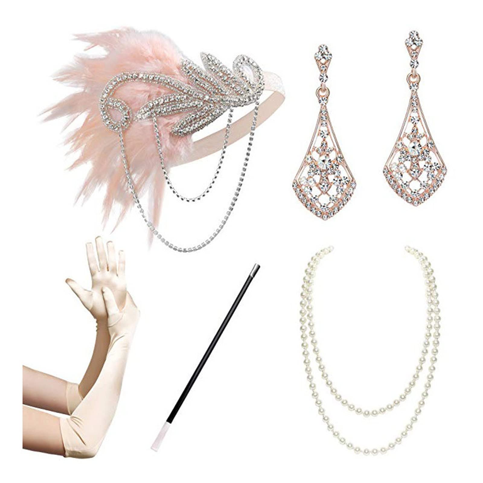 SANRLO Stirnbänder, Haar-Accessoires für Damen, Flapper-Accessoires für Damen, 1920er-Jahre, Gatsby-Kostüm-Accessoire, brüllende 20er-Jahre, Flapper-Stirnband, Ohrringe, Handschuhe, Halsketten-Set