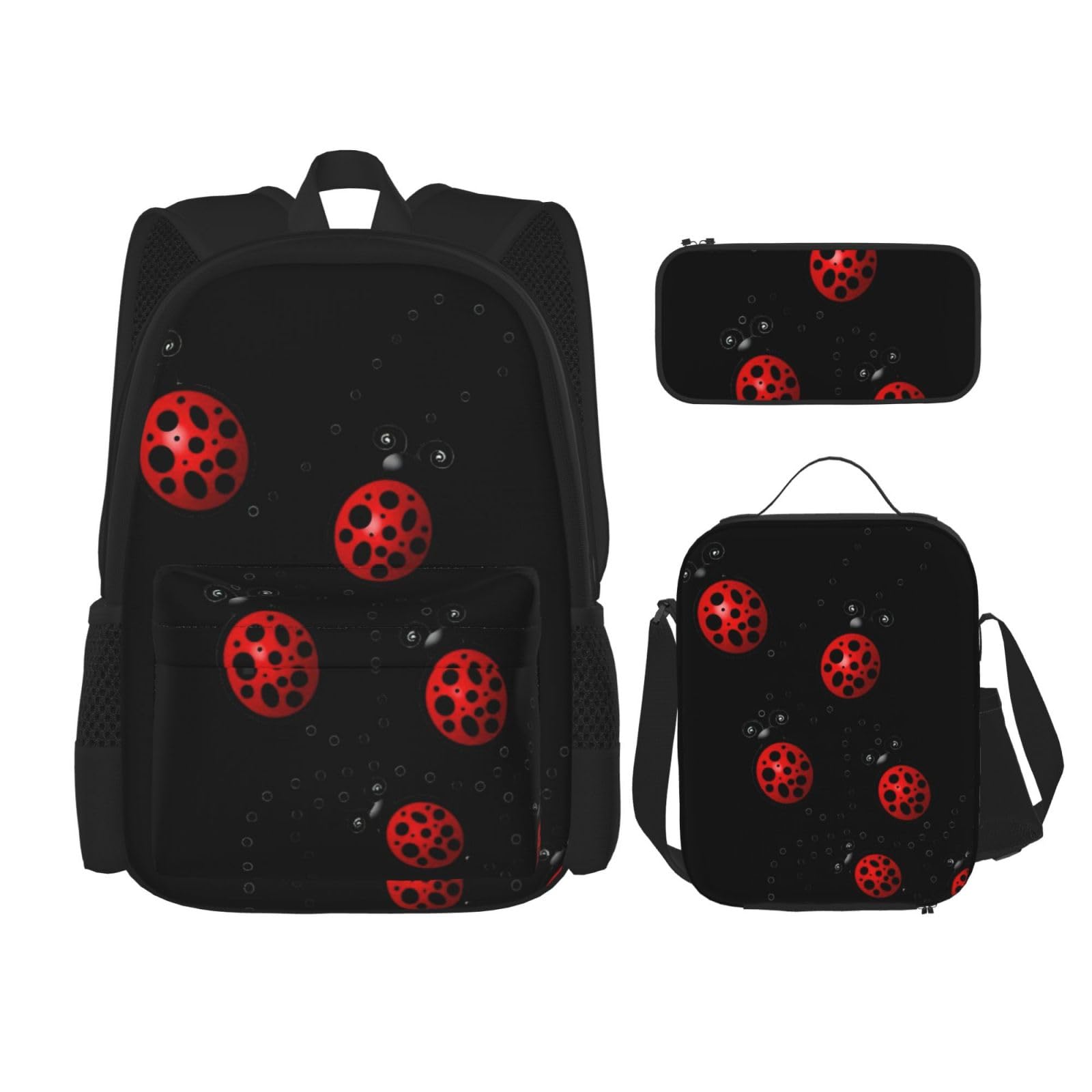 WURTON Art Ladybug Tracks Print Rucksack Mädchen Jungen Schultaschen Teenager Lunchbox und Federmäppchen 3-in-1 Büchertaschen-Set