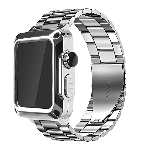 TONECY Armband und Hülle für Apple Watch, 40 mm, 38 mm, 44 mm, 42 mm, sturzfestes Edelstahlarmband für Apple Watch 8, 7, 6, SE, 5, 4, 3, 2, Serie (Farbe: Weiß, Größe: 42 mm)