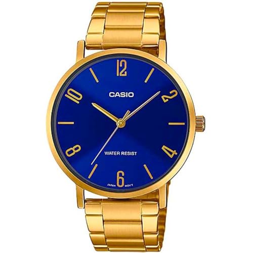 Casio LTP-VT01G-2B Damen-Armbanduhr, minimalistisch, goldfarben, Edelstahl, blaues Zifferblatt, 3-Zeiger-Analog-Armbanduhr, Blau