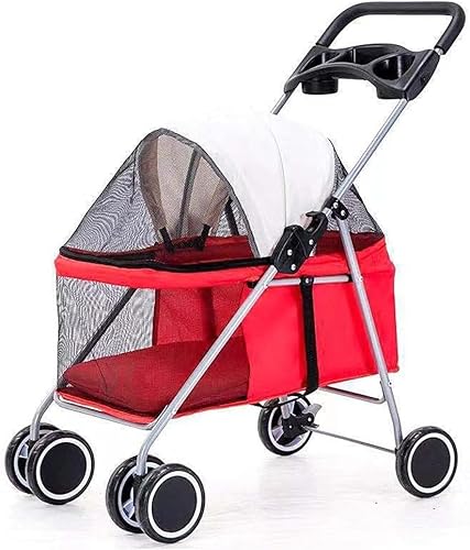 Haustier-Kinderwagen für kleine Hunde, zusammenklappbarer Kinderwagen, 4 Räder, Reise-Kinderwagen, Hunde- und Katzen-Kinderwagen, maximale Belastung: 15 kg, Rot