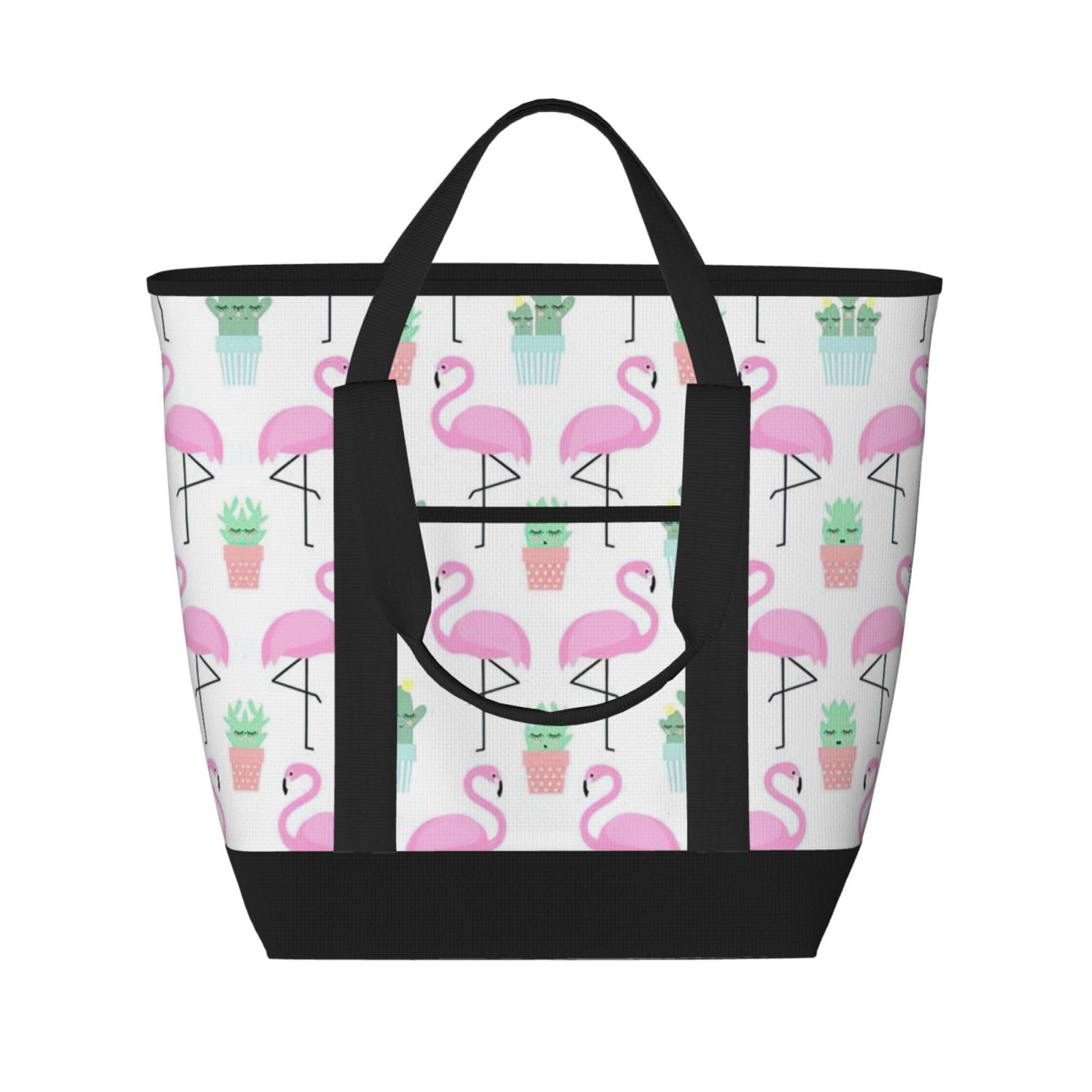 YQxwJL Tragetasche mit tropischem Flamingo, niedlicher Kaktus-Druck, großes Fassungsvermögen, isolierte Lunchtasche, wiederverwendbare Einkaufstasche mit Reißverschluss, für Damen und Herren