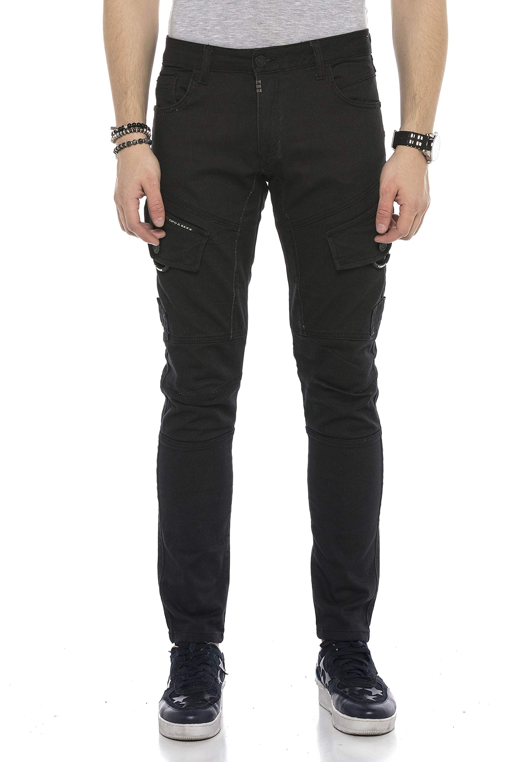 Cipo & Baxx Herren Cargo Hose Denim Regular Straight Fit Jeanshose Design Hose Schwarz W 29 L32