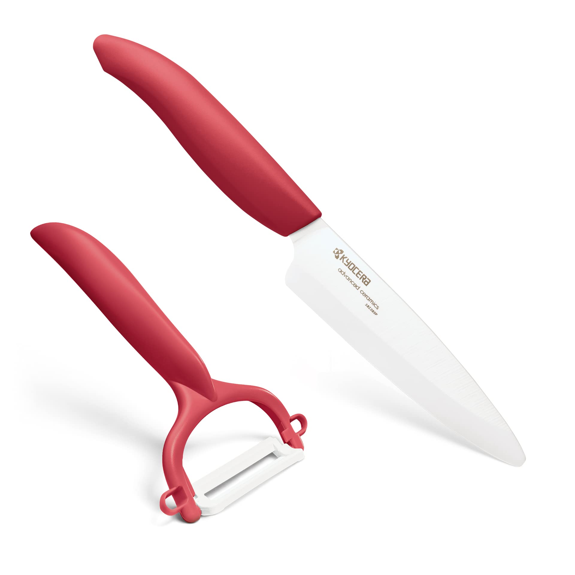 Kyocera GEN RED Starterset Keramik Obst- & Gemüsemesser mit Schäler | Klinge 11 cm | ergonomischer Griff | extrem scharfes Küchenmesser und Sparschäler | Kochmesser Profi Messer