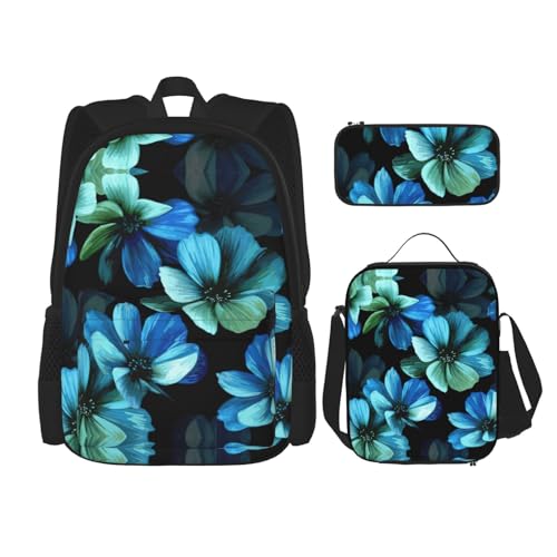 WURTON Schulrucksack-Set mit blauem Blumendruck, 3-in-1-Büchertaschen-Set mit Lunchbox, Federmäppchen, Reise-Laptop-Tagesrucksäcke