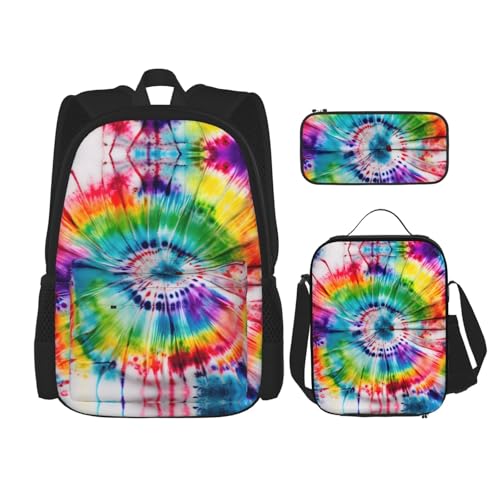 WURTON Tie Dye Hippies Print Travel Lunch Box Pencil Case Backpack Set 3 Pieces Adjustable Straps Lightweight