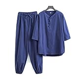 ZHOUXIAO Frauen Zen Meditation Uniform Baumwolle Leinen Tai Chi Uniform Kurzarm Chinesische Traditionelle Kleidung Tops Hosen Kung Fu Kleidung Hemd Mantel Kampfkunstanzug Blue-L