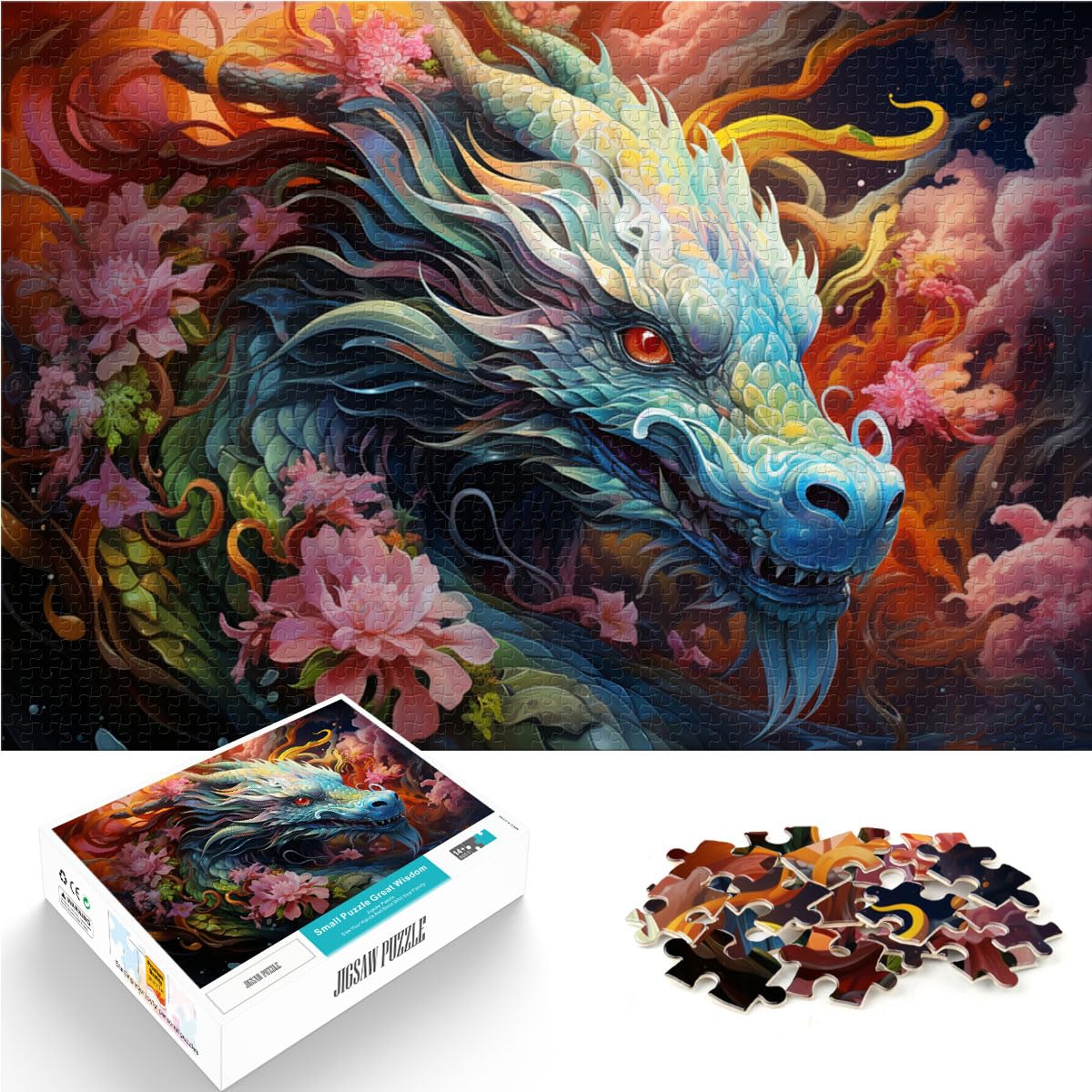 Puzzle Blumen und Drachen für Erwachsene, 1000 Teile, Holzpuzzle, Spielzeug, Puzzle, Lernspiele, Stressabbau-Puzzle, 1000 Teile (50 x 75 cm)