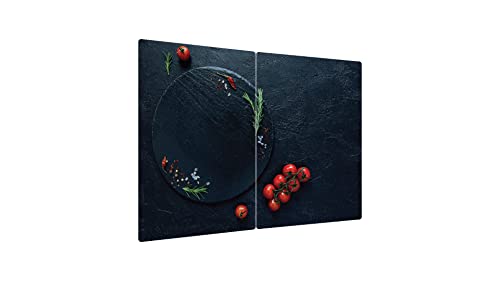 ALLboards Glas Herdabdeckplatte Schneidebrett TOMATEN FELSEN FELSENSTEIN MIT TOMATEN 2er Set Multi-Platte Arbeitsplatte Herdschutz Deko für Küchen Gehärtetes Glas, 2 Stück - 52x30cm