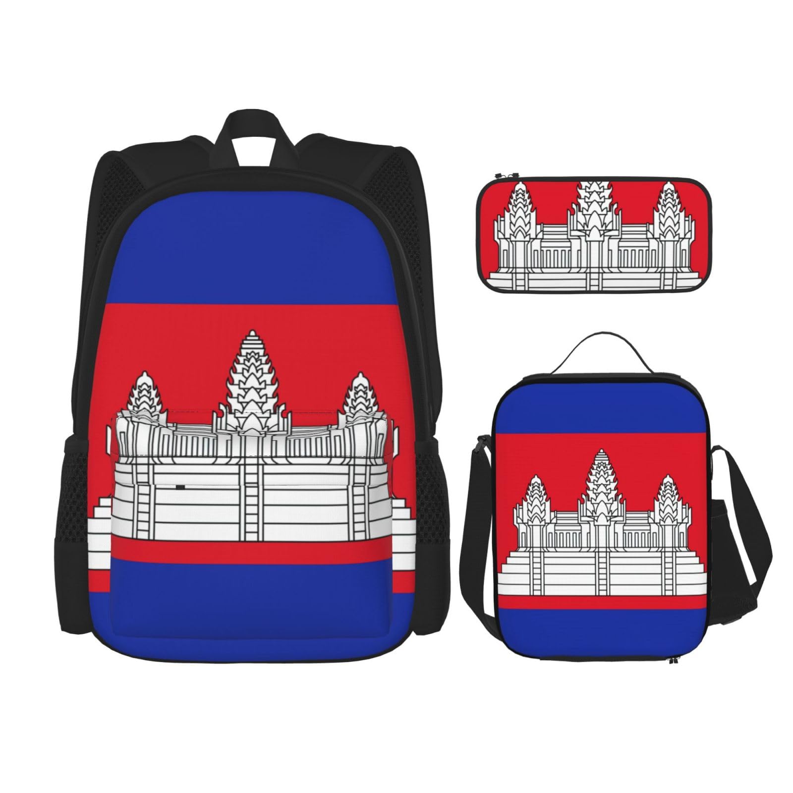 WURTON Cambodia Flag Print Trendy Rucksack Taschen Lunchbox und Federmäppchen 3 in 1 Verstellbarer Rucksack Set, Schwarz, Einheitsgröße, Schwarz , Einheitsgröße