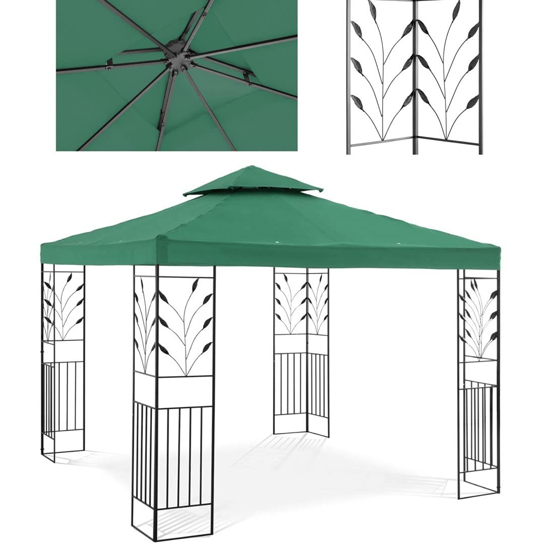 Uniprodo Uni_PERGOLA_3X3G Gartenpavillon 3 x 3 m dunkelgrün 180 g/qm Polyester pulverbeschichtetes Eisen Pavillon UV-resistent