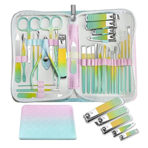 Maniküre Set Frühlingsgrün 30 in 1 Neues Maniküre-Schneider-Nagelknipser-Set for den Haushalt, hochwertiges Maniküre-Set aus Stahl, Nagelknipser, Pediküre, Nai Profi Nagelknipser Set(Colorful)