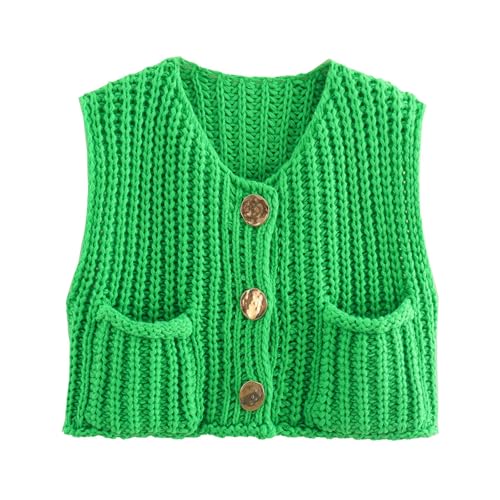 Sweater Vests Women 2024, Women's Button Front V Neck Sleeveless Crochet Solid Checkered Knit Sweater Vest with Pockets (Emerald Green,Small)