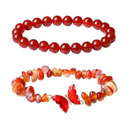 WSFSDAN 2 Stück Schmetterlingsarmbänder für Frauen, Kristallperlen-Schmetterlingsarmband (Red Agate,One Size)