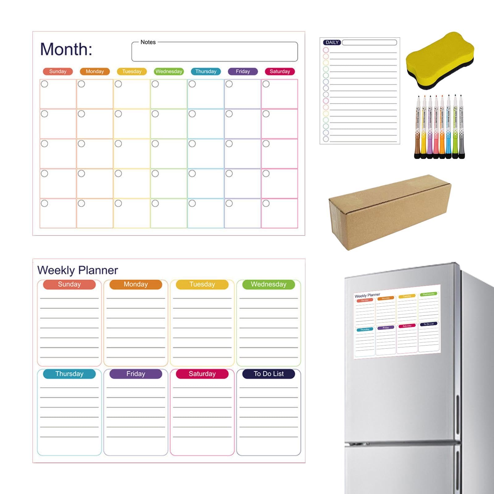 Magnetischer Kühlschrankkalender, magnetischer Kühlschrankkalender, Kühlschrankmagnet, Wochenplaner, trocken abwischbares Whiteboard, magnetischer Kühlschrankmagnet mit 8 Mar