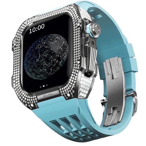 KANUZ Gummiarmband, Lünette aus Titanlegierung für iWatch SE/4/5/6, Apple Mod Watch-Zubehör, Ersatzarmband aus Edelstahl für iWatch SE-Serie 44 mm (Farbe: Blau 5, Größe: 44 mm)