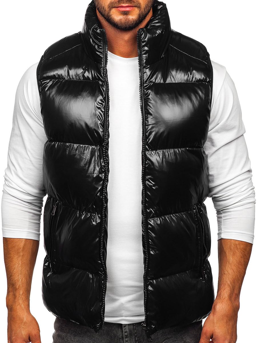 BOLF Herren Weste mit Stehkragen Steppweste Bodywarmer Daunenweste Reißverschluss Ärmellose Sportweste Zip Wärme Freizeit Outdoor Style 9968 Schwarz S [1U1]