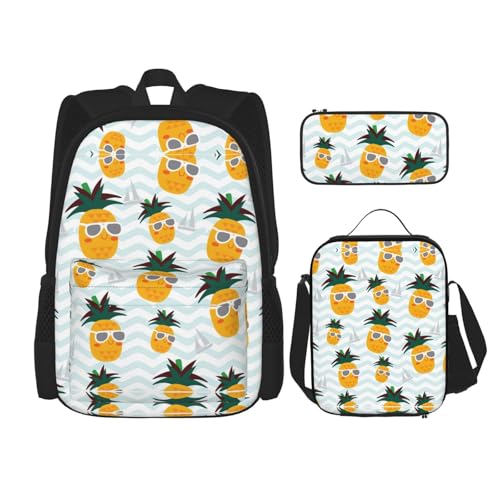 WURTON Niedliches 3-in-1-Set mit Ananas-Druck, lässig, verstellbar, Schulter-Rucksack, Lunch-Tasche, Federmäppchen, Beutel, Schwarz, Einheitsgröße