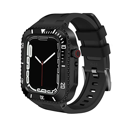 TONECY Mod-Kit für Apple Watch 8, 7, 6, 5, 4, 3 SE, Metalllünette und Gummi-Uhrenarmband, Edelstahlgehäuse für iWatch Serie Band 7, 45 mm, 44 mm, 42 mm (Farbe: Schwarz, Größe: 42 mm)