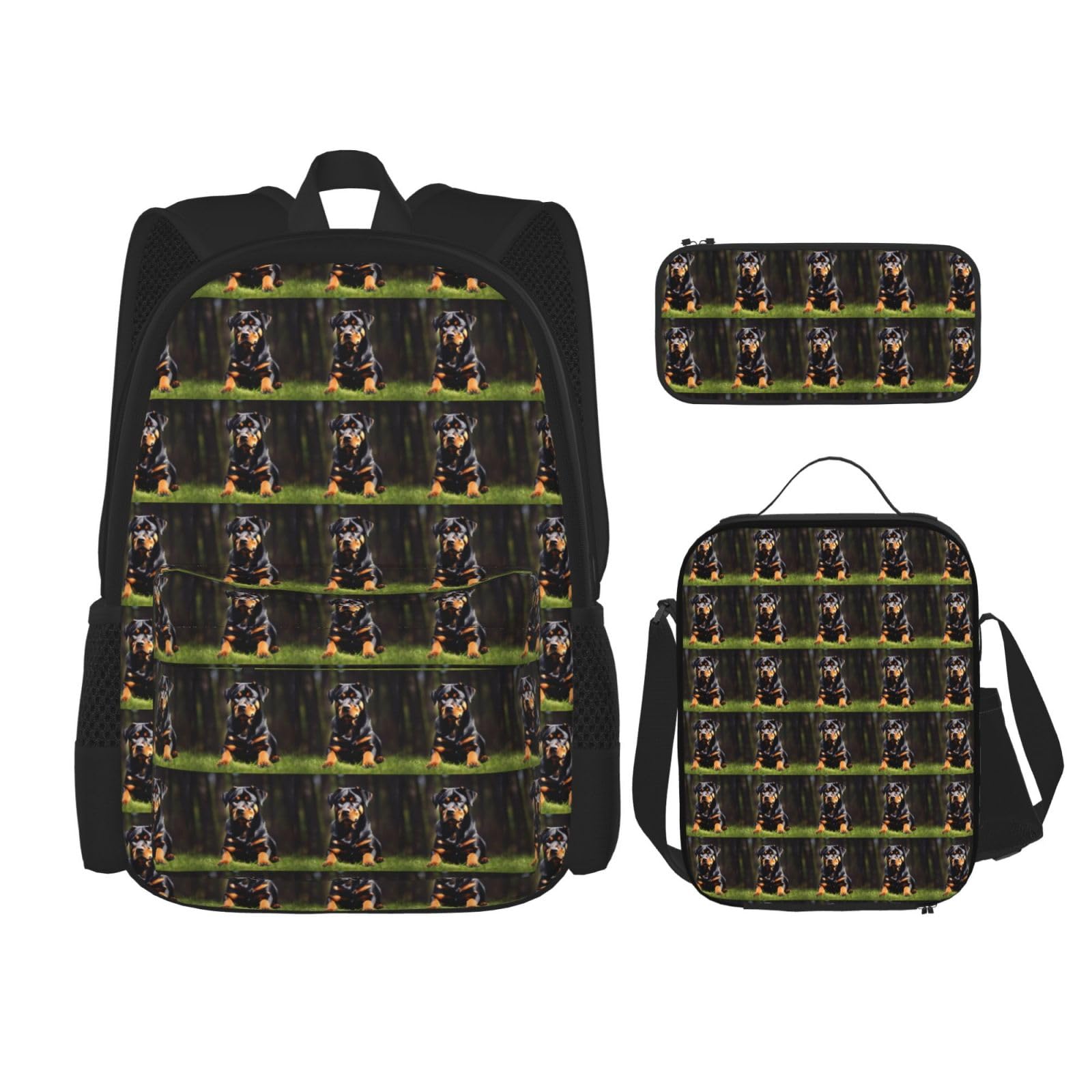 WURTON Rottweiler Brotdose mit Tapetendruck, Federmäppchen, Rucksack-Set, 3-teilig, verstellbare Riemen, langlebig, leicht, Schwarz, One Size