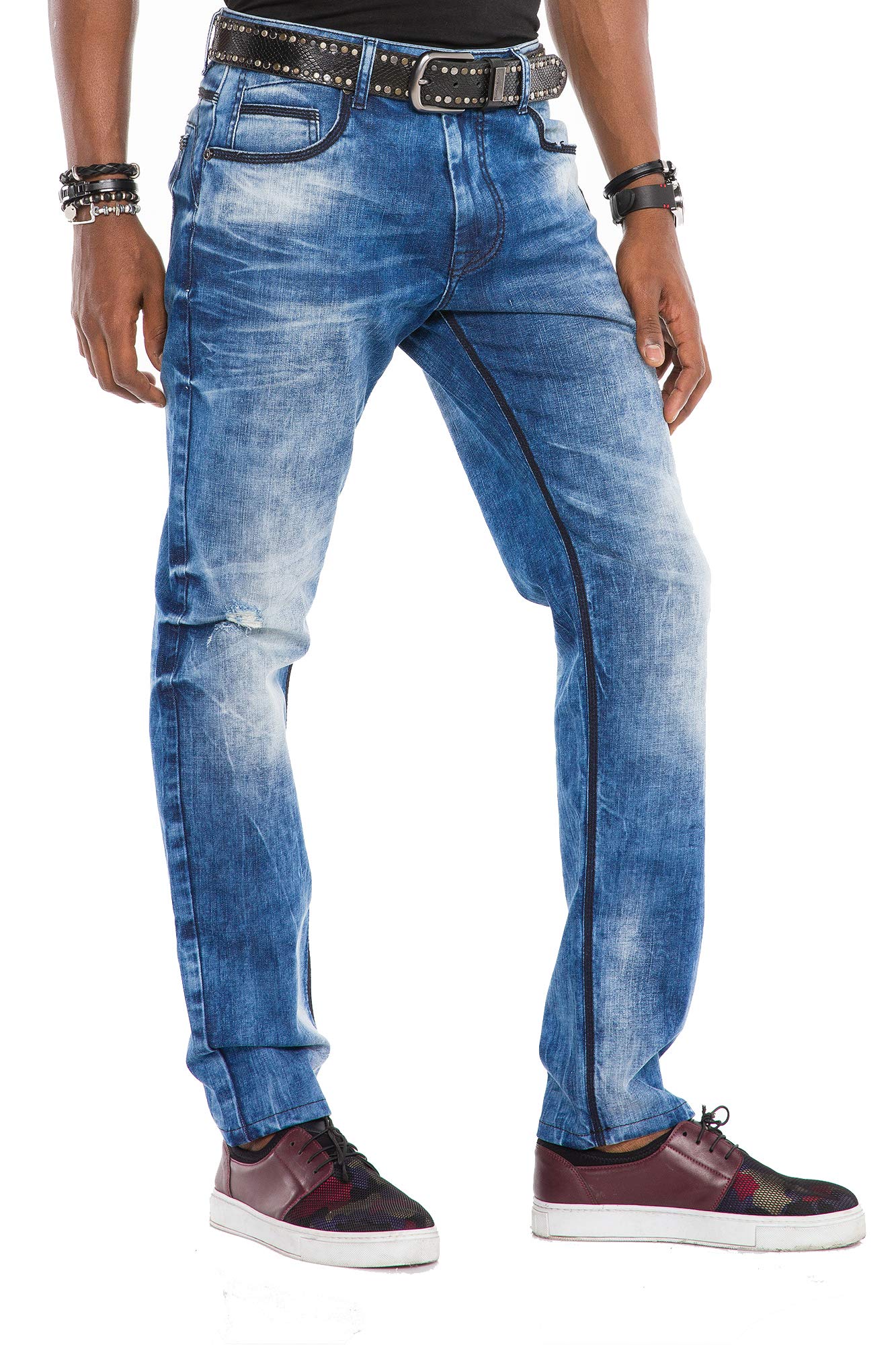 Cipo & Baxx Herren Jeans Hose Used Look Destroyed Denim Straight Fit Hose Blau W33 L34