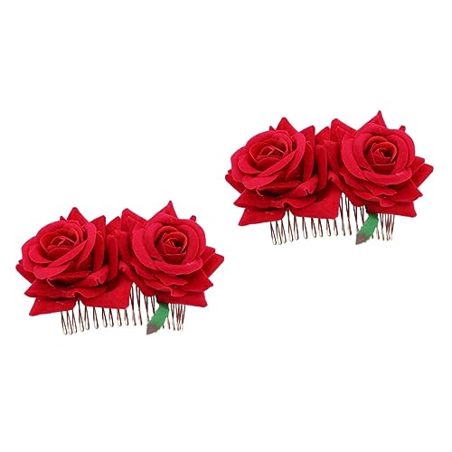 Haarspangen for Damen, Haarschmuck, 2 Stück, Haarkamm mit Rosenblüte for Hochzeiten, verrückter Haarkamm for Bräute, Tänzerfrisuren, burgunderfarbener Haarkamm mit Blumenmuster, Rosenblüte (Farbe: Rot