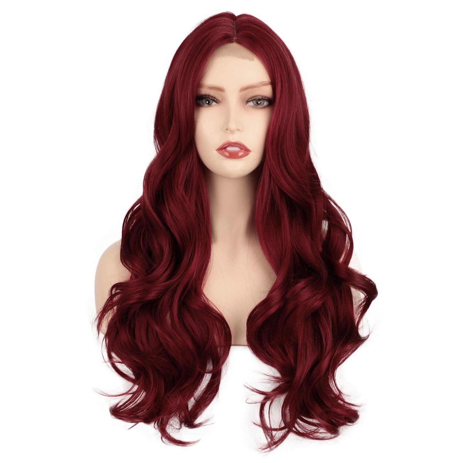 Perücke für Frauen Perückenkappen Lace-Front-Perücken for Frauen, lang, weinrot, Lace-Front-Perücke for Frauen, Mittelscheitel, lange, gewellte Echthaarperücke mit Lace-Front Human Hair Wig