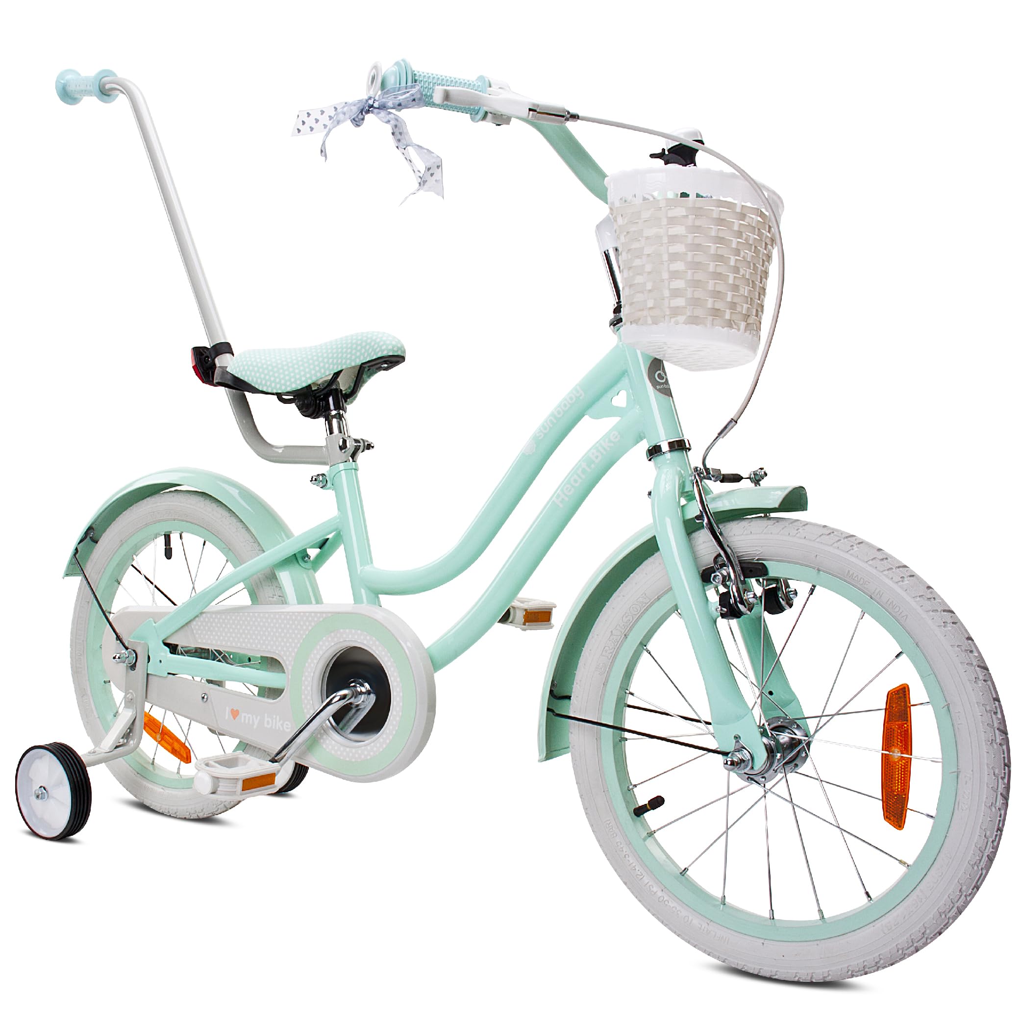 sun baby Mädchenfahrrad 16 Zoll Radgröße Heart Bike zur Auswahl, mit Abnehmbarer Schubstange, Kinderfahrrad für Mädchen von 2 bis 6 Jahre (Silver Moon Mint, 16 Zoll)