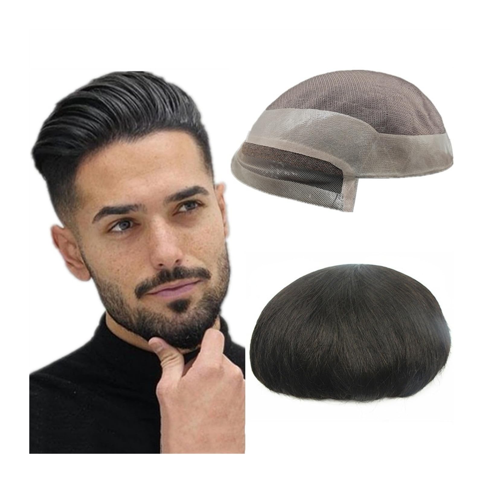 Perücke Männer Haarersatzsystem for Männer, feines Mono mit Poly-PU-Basis, Herren-Toupet, Echthaarteile #1B Off Black, 25,4 x 20,3 cm, männliche Haarprothese Toupet für Herren(6x8)